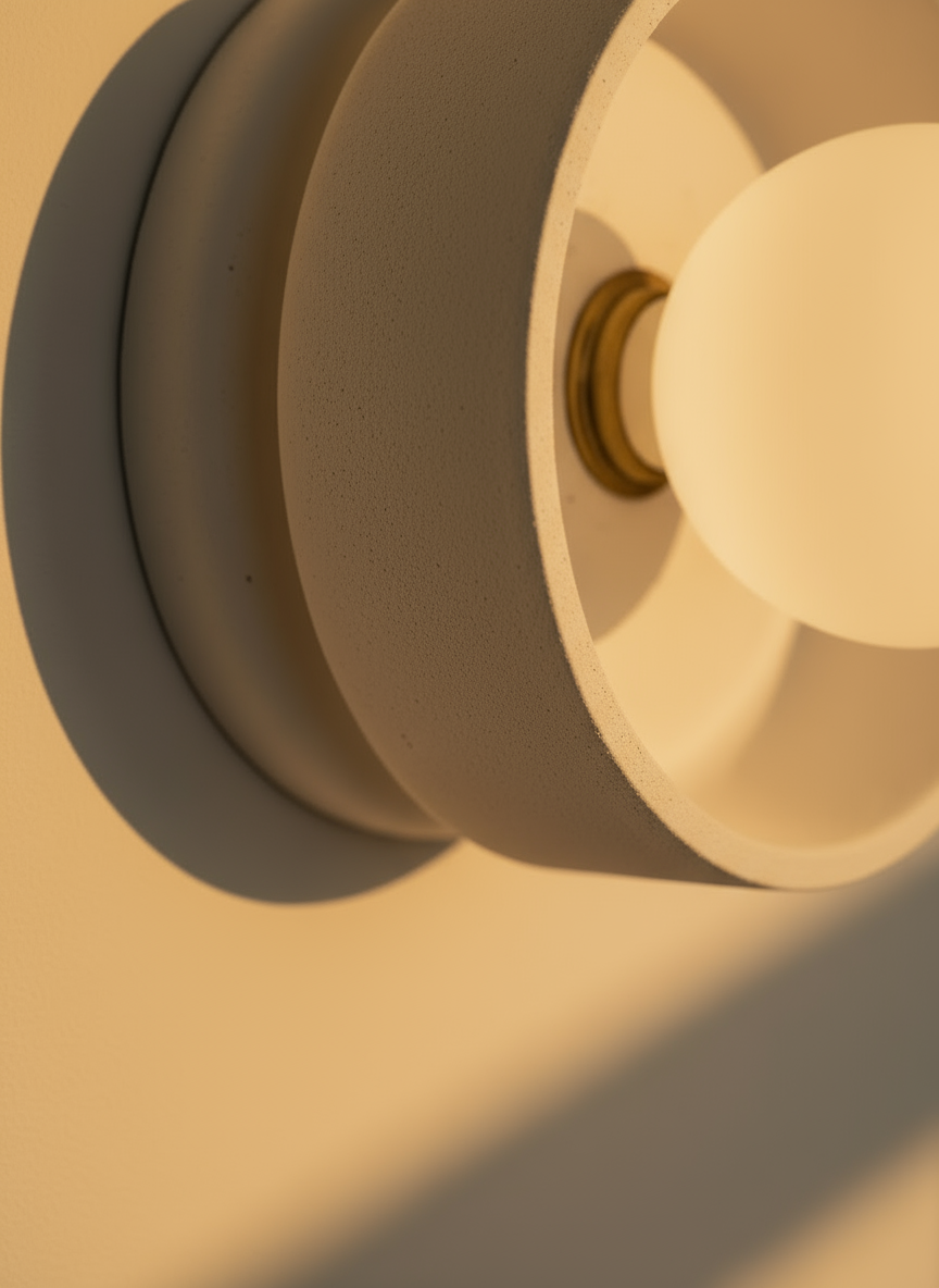 Close-up of a light fixture with a warm glow on a beige background