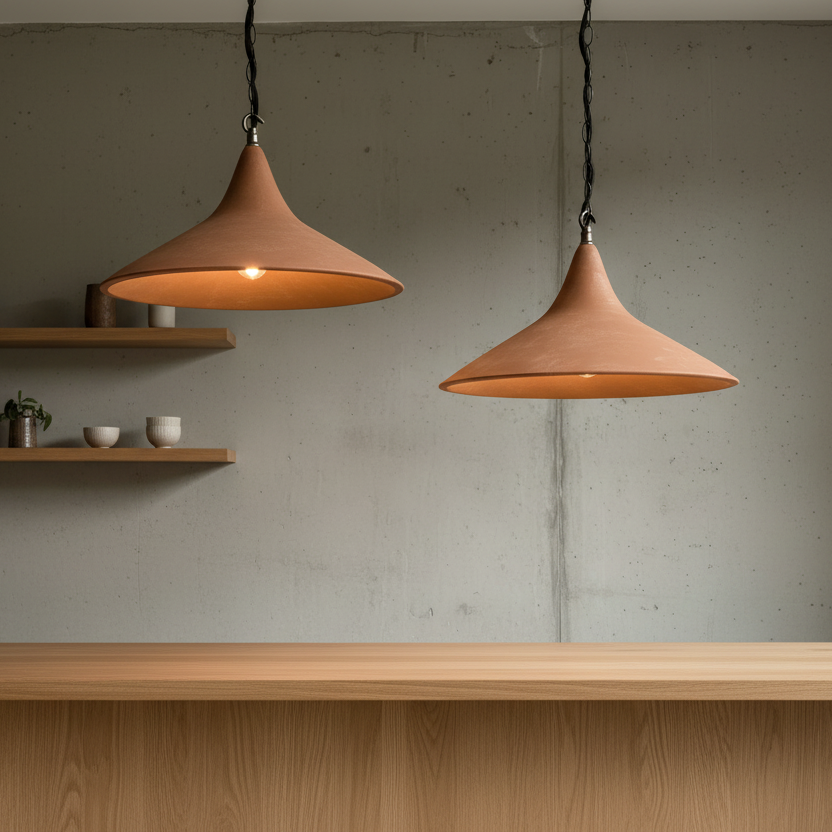 Two terracotta pendant lights hanging above a wooden shelf with a concrete wall background.