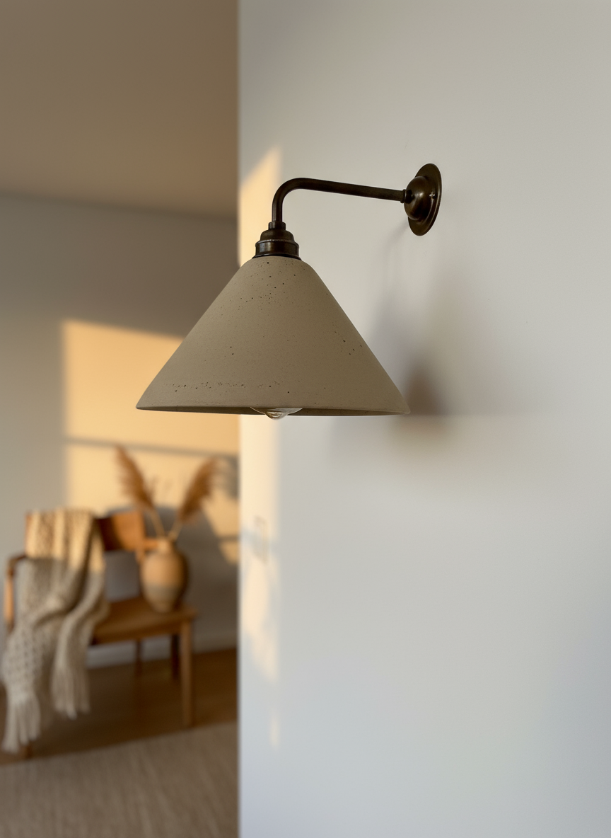 Wall-mounted lamp with a beige shade in a softly lit room.