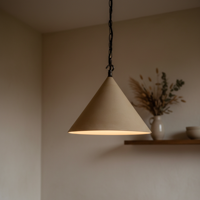 Sandstone pendant light hanging in a room with a neutral color scheme