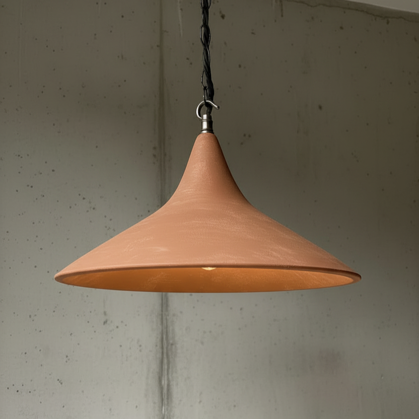 Pendant light with a terracotta-colored shade hanging against a textured wall.
