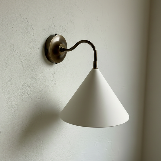 Wall-mounted lamp with a white cone shade on a neutral wall.
