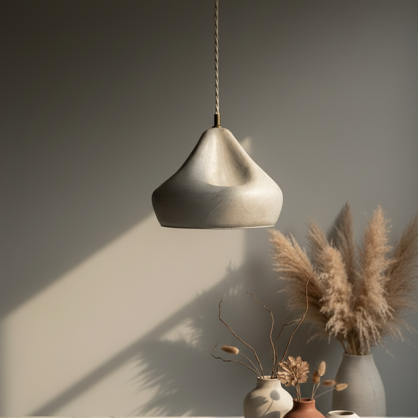 Decorative pendant light hanging above a table with small vases and pampas grass.