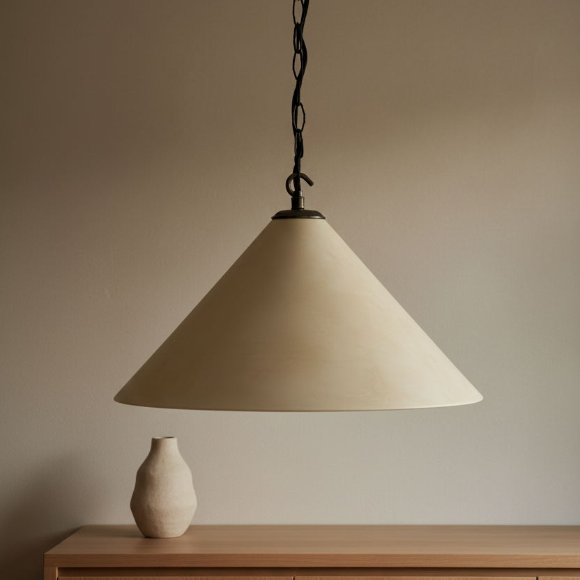 Beige pendant lamp hanging above a wooden surface with a beige wall background