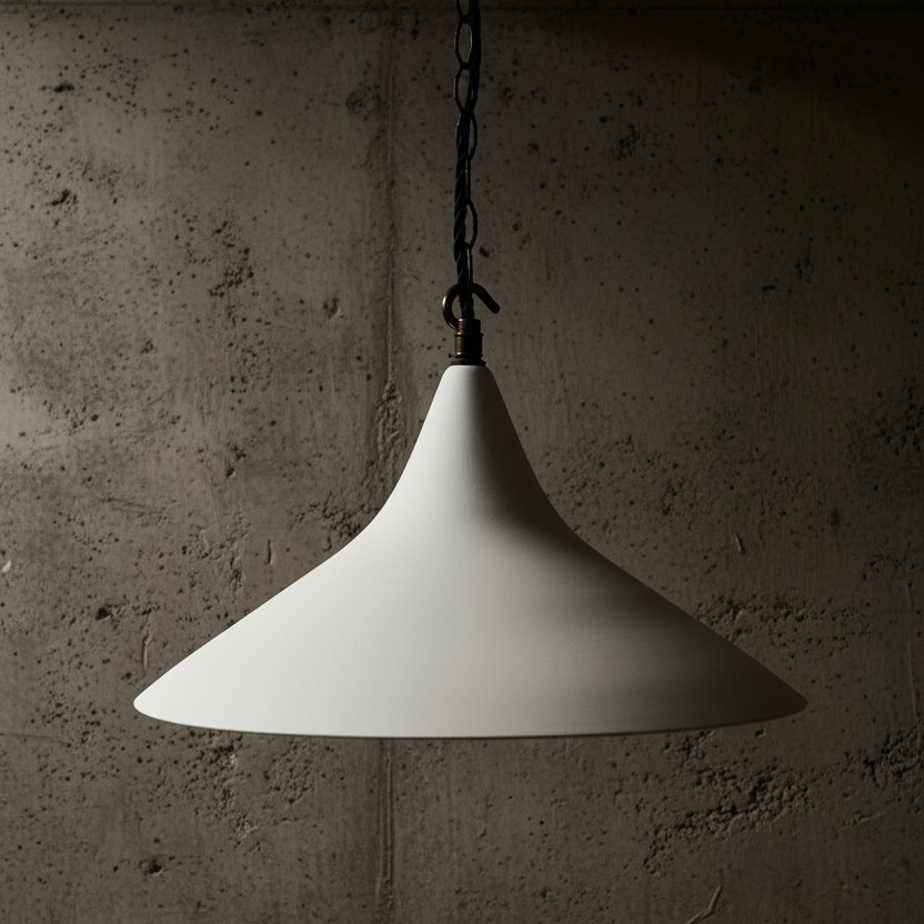 White pendant light hanging against a textured concrete wall