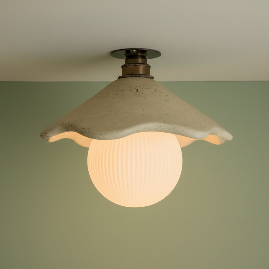 Ceiling light fixture with a textured lampshade on a plain wall.