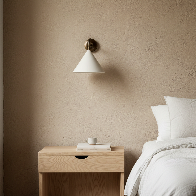 Bedroom with wooden nightstand, white lamp, and beige wall