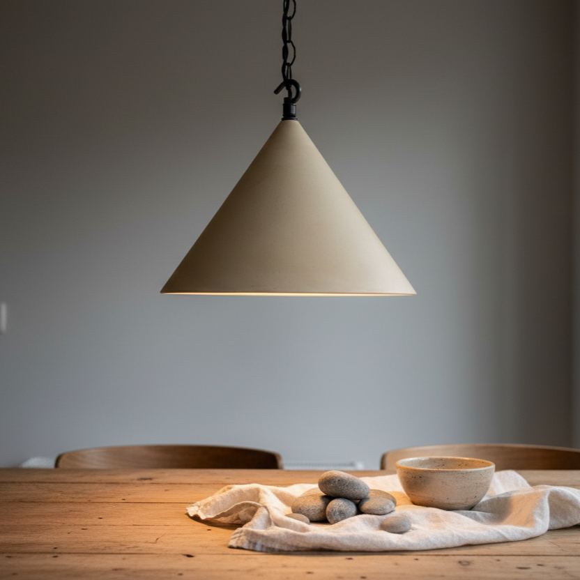 Beige pendant light hanging above a wooden table with a bowl and stones on a gray background