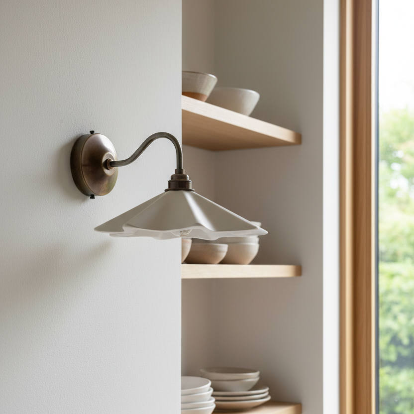 Wall-mounted light fixture with shelves holding ceramic bowls in a room with a window.