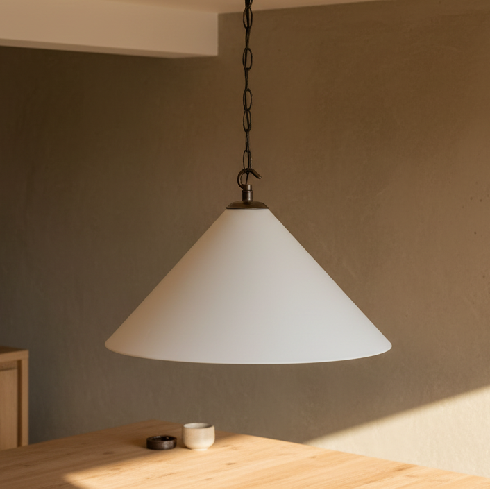 White pendant light hanging above a wooden table in a room with neutral walls.