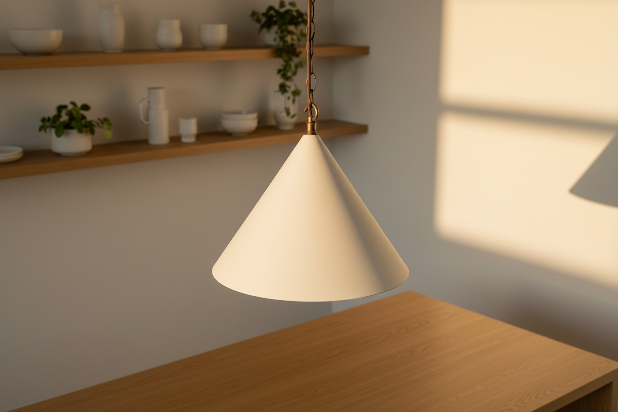 White pendant lamp on a wooden table with a neutral background