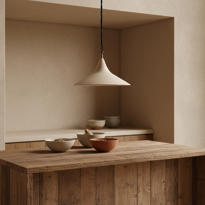 Wooden table with bowls and a pendant light in a minimalistic room.