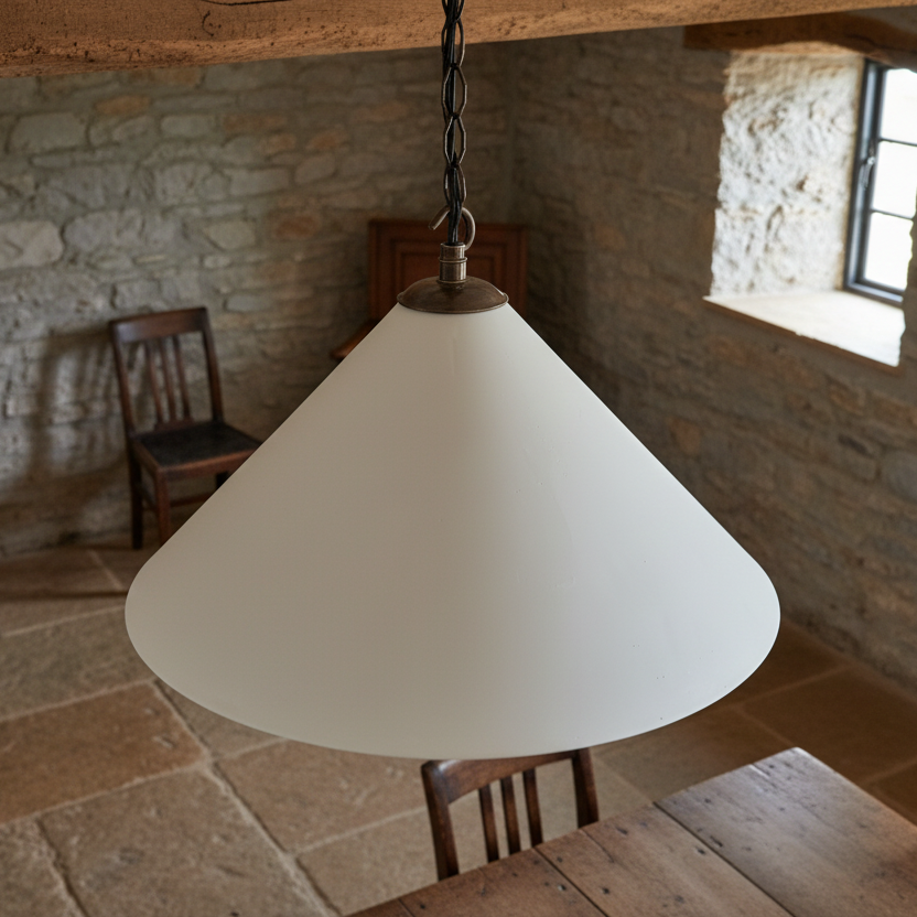White conical pendant light hanging above a wooden table with stone walls and a window in the background.