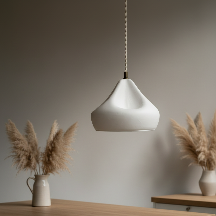 White pendant lamp hanging above a wooden table with decorative plants.
