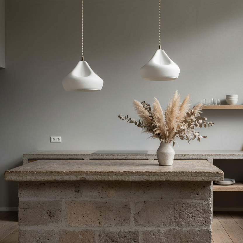 Modern kitchen with stone island, pendant lights, and shelves.