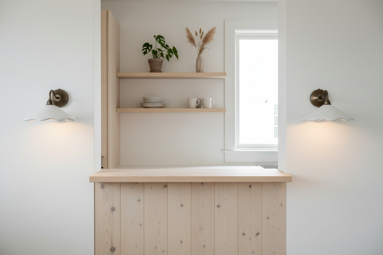 Light wooden kitchen island with shelves and wall lights in a bright room.