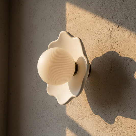 Decorative wall light fixture casting a shadow on a textured wall.