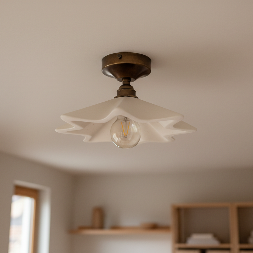 Ceiling light fixture with white glass shade in a room with wooden shelves.