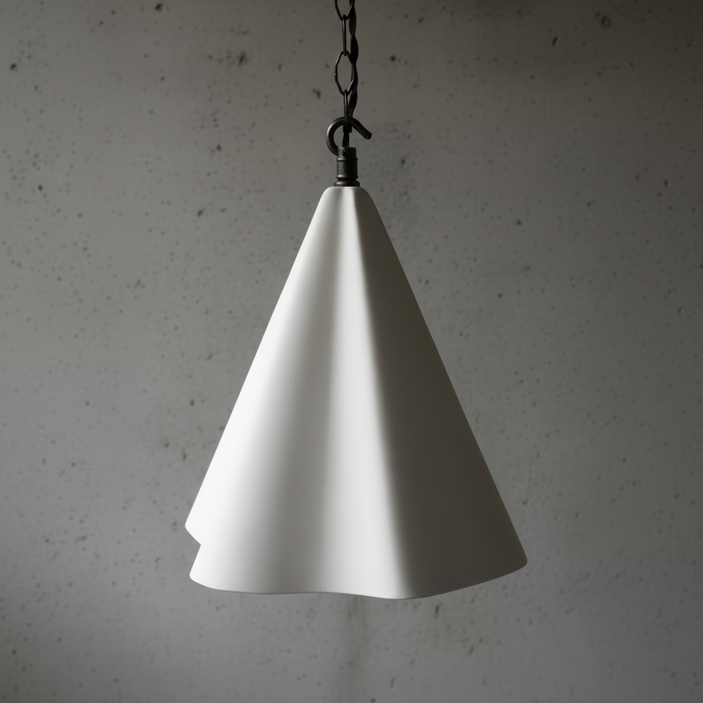 White cone-shaped pendant light against a gray background