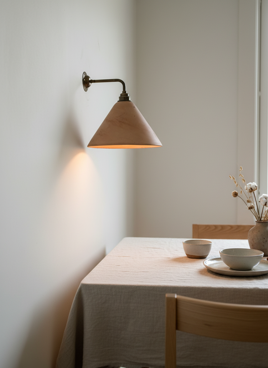 Dining area with a wall-mounted lamp casting light on a table set with bowls and a vase.