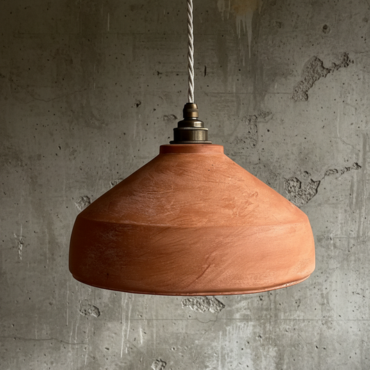 Terracotta pendant light hanging against a textured concrete wall