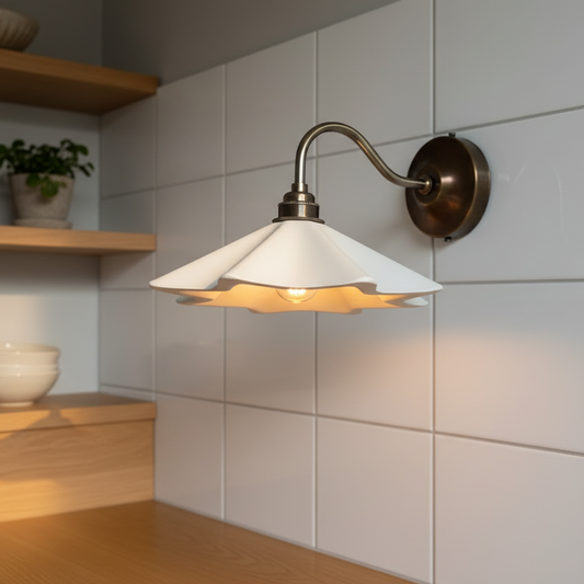 Wall-mounted light fixture in a room with wooden shelves and white tiled walls.