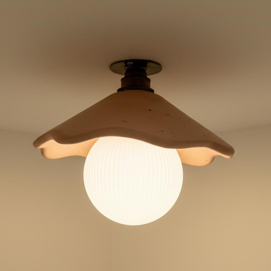 Flush mount ceiling light fixture with a round bulb on a beige background