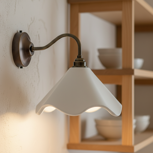 Wall-mounted light fixture with a white shade in a room setting