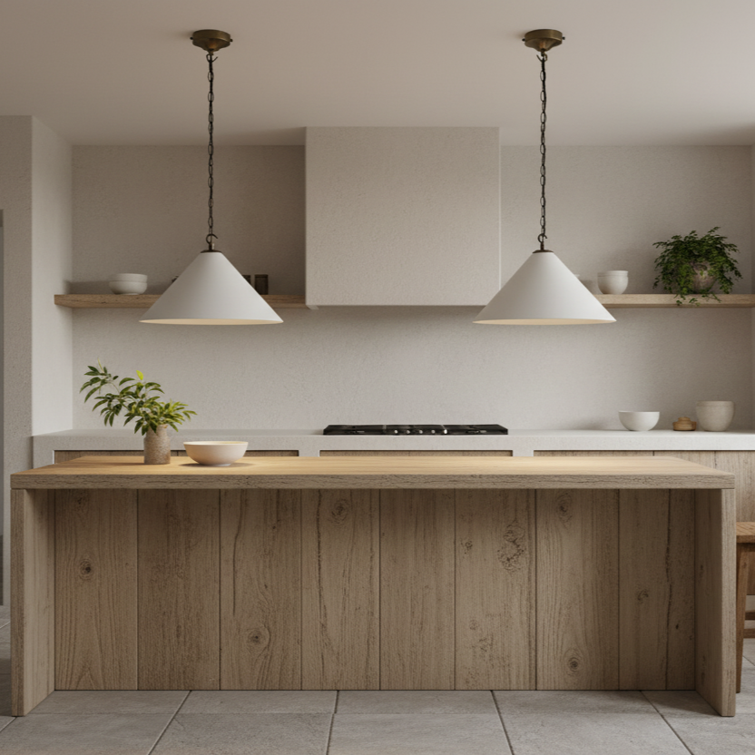 Modern kitchen with wooden island, pendant lights, and neutral decor.