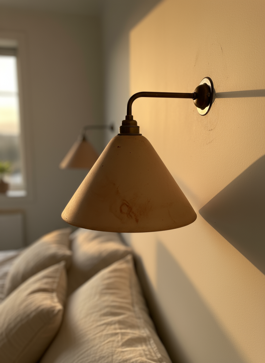 Wall-mounted lamp with a terracotta shade in a bedroom setting