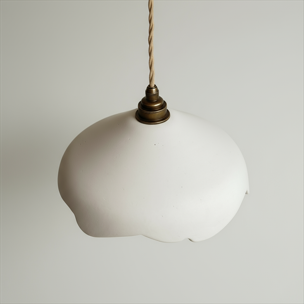 Plaster pendant light with a brass fixture on a plain background