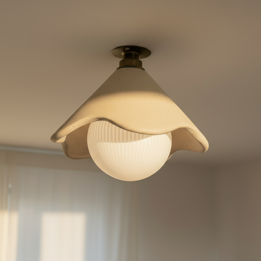 Ceiling light fixture with a beige shade on a neutral background
