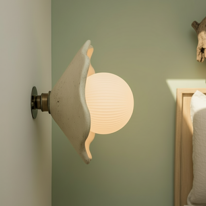 Wall-mounted light fixture with a decorative design on a light green wall.