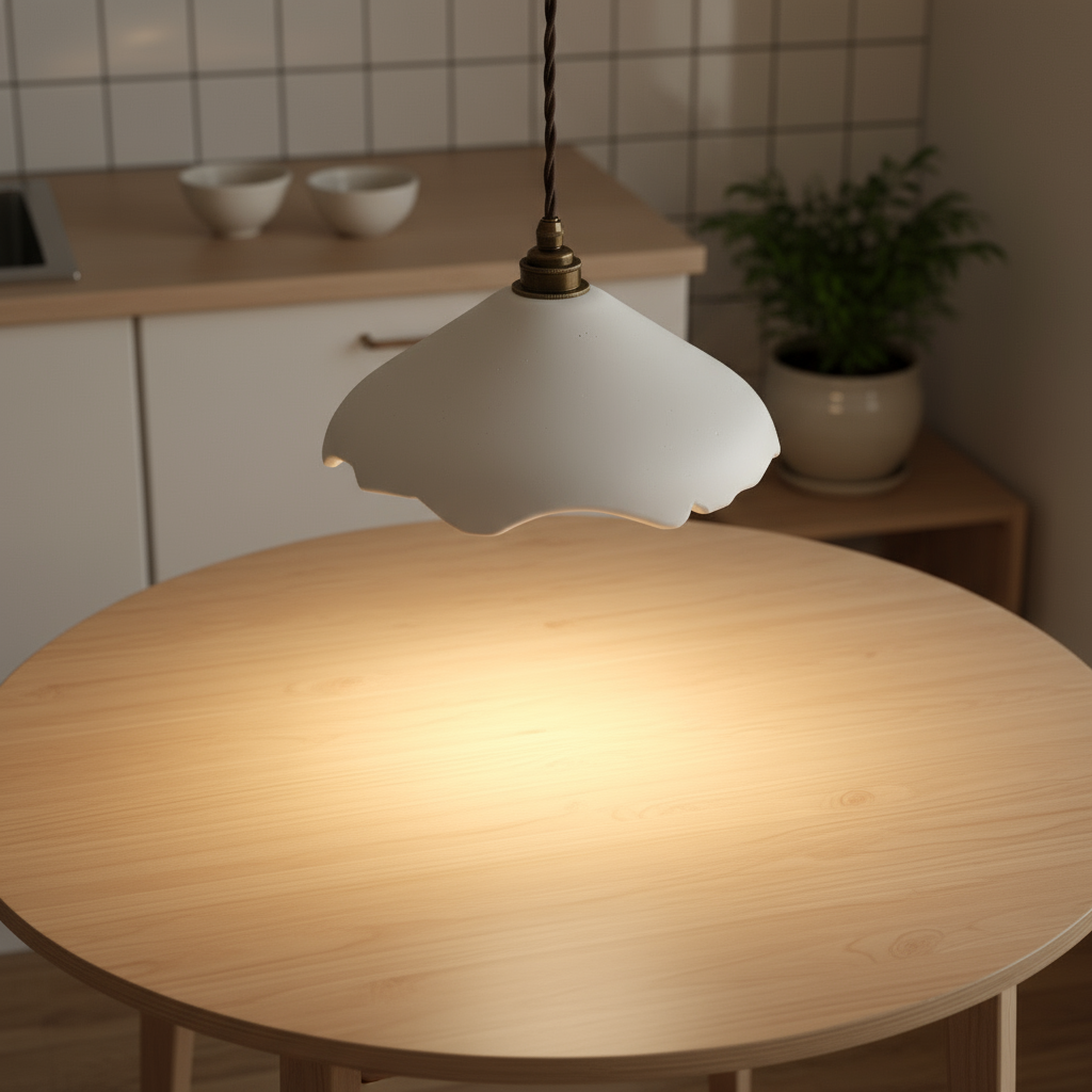 Round wooden table with a white sculptural pendant lamp in a kitchen setting