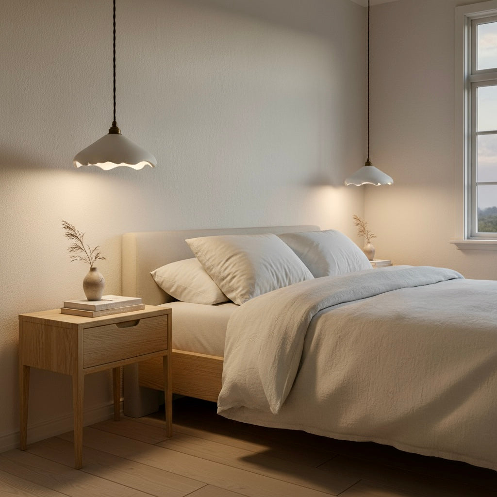 Modern bedroom with a bed, nightstands, and handmade pendant lights.