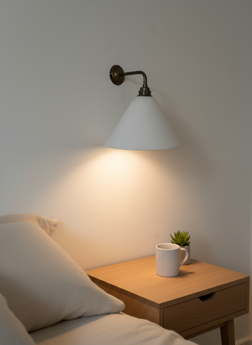 Wall-mounted lamp casting light on a nightstand with a cup and plant.