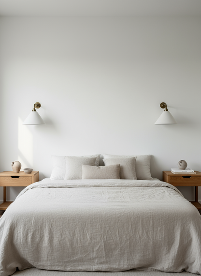 Minimalist bedroom with a bed, nightstands, and wall lamps.