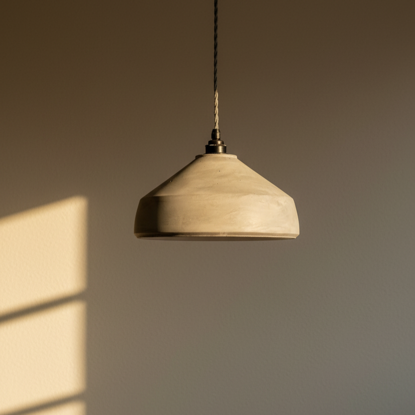 Grey plaster pendant light hanging against a brown wall with a soft shadow.