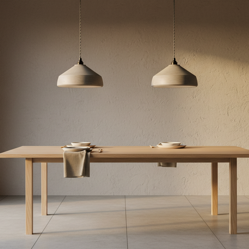 Dining table with two pendant lights in a minimalistic room.