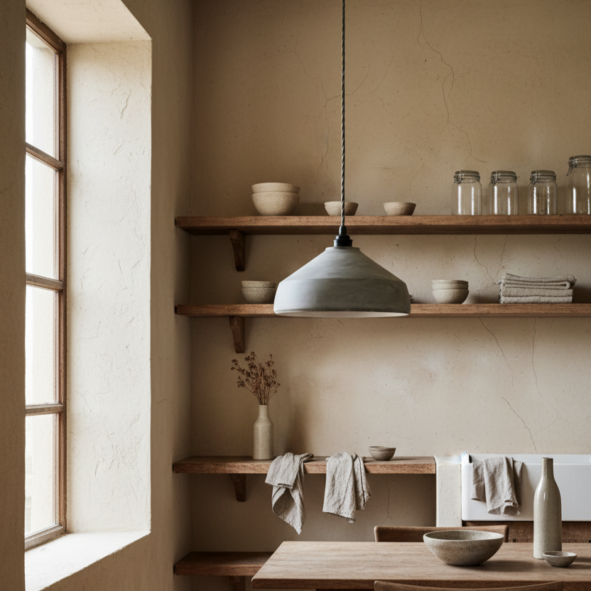 Nestled corner of a room with wooden shelves, concrete pendant light, and neutral decor.