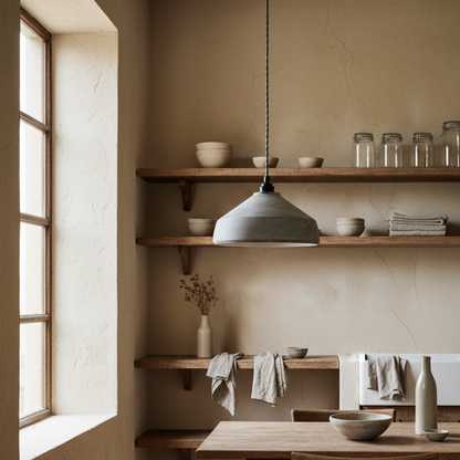 Nestled corner of a room with wooden shelves, concrete pendant light, and neutral decor.