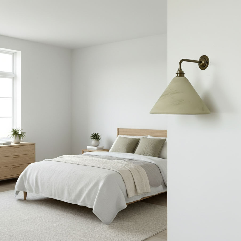 Modern bedroom with a bed, nightstands, and wall sconce.