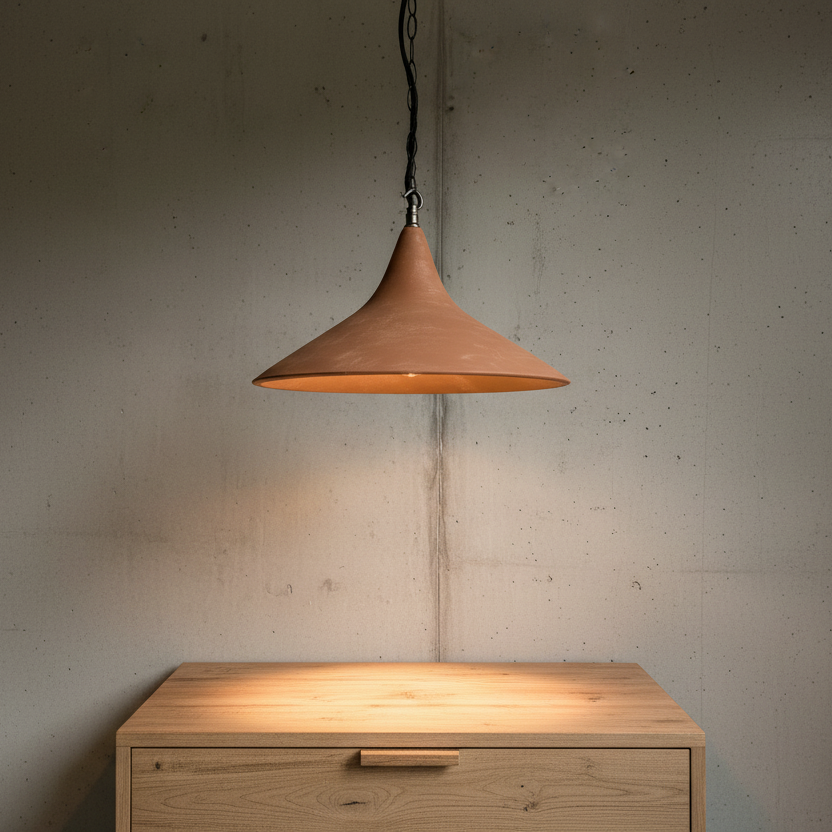 Pendant light hanging above a wooden table against a textured wall.