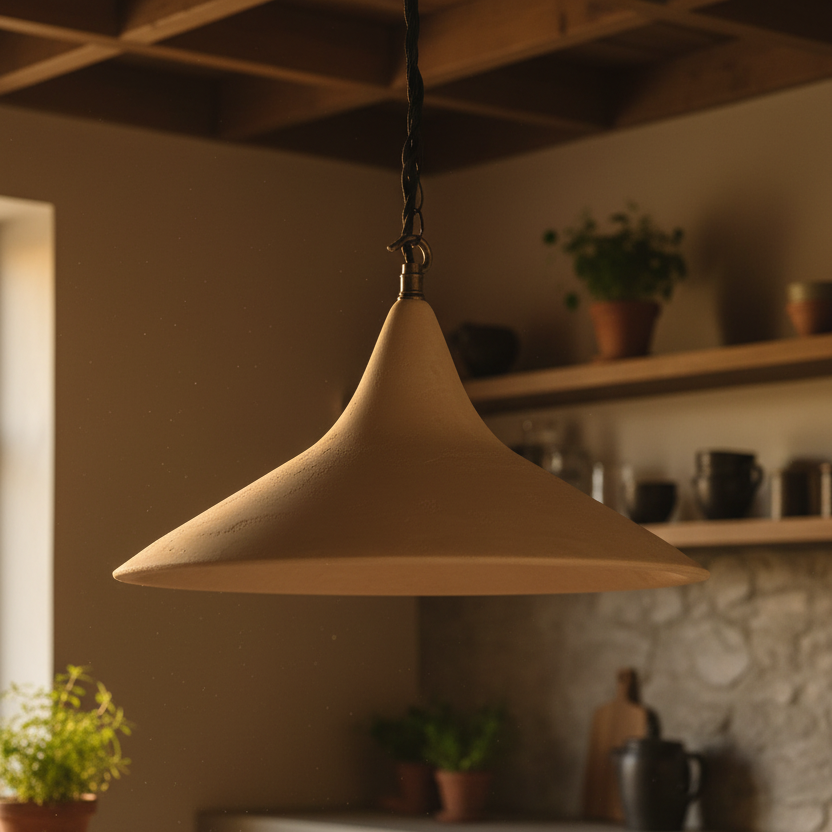 Beige pendant light hanging in a room with plants and shelves in the background