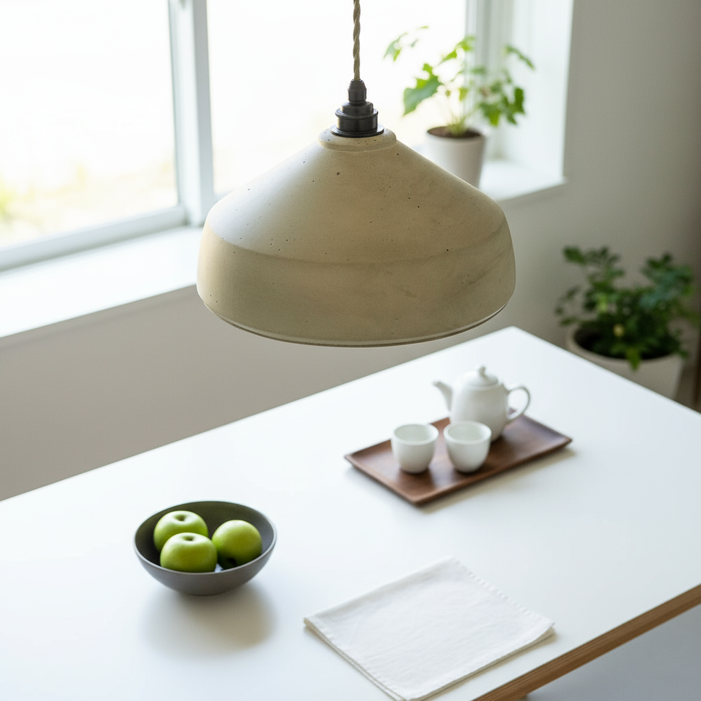 Plaster pendant light hanging over a dining table with a teapot and apples.