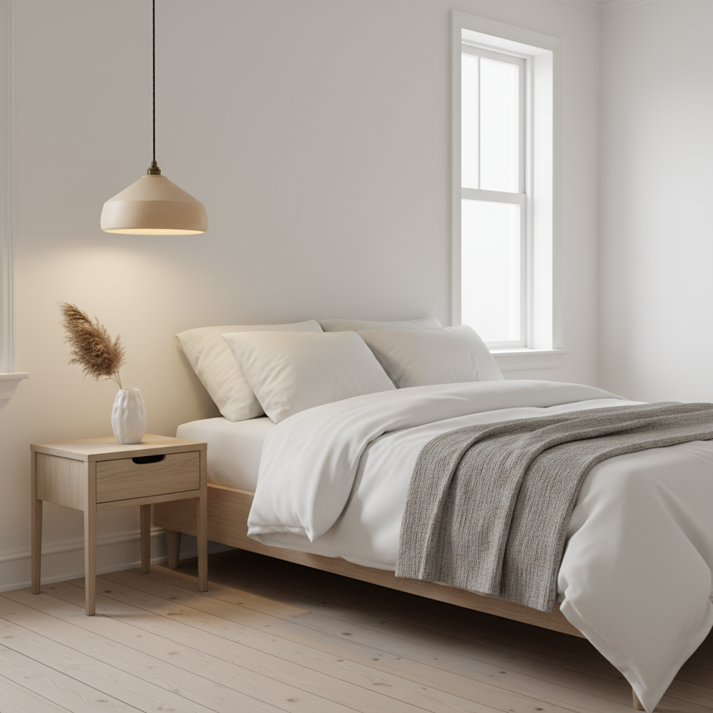 Modern bedroom with a bed, nightstand, and minimalist pendant light.