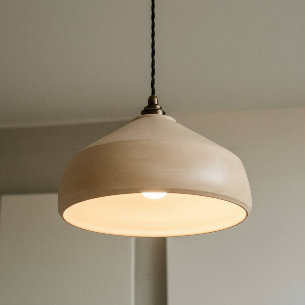 Handcrafted pendant light hanging against a neutral background