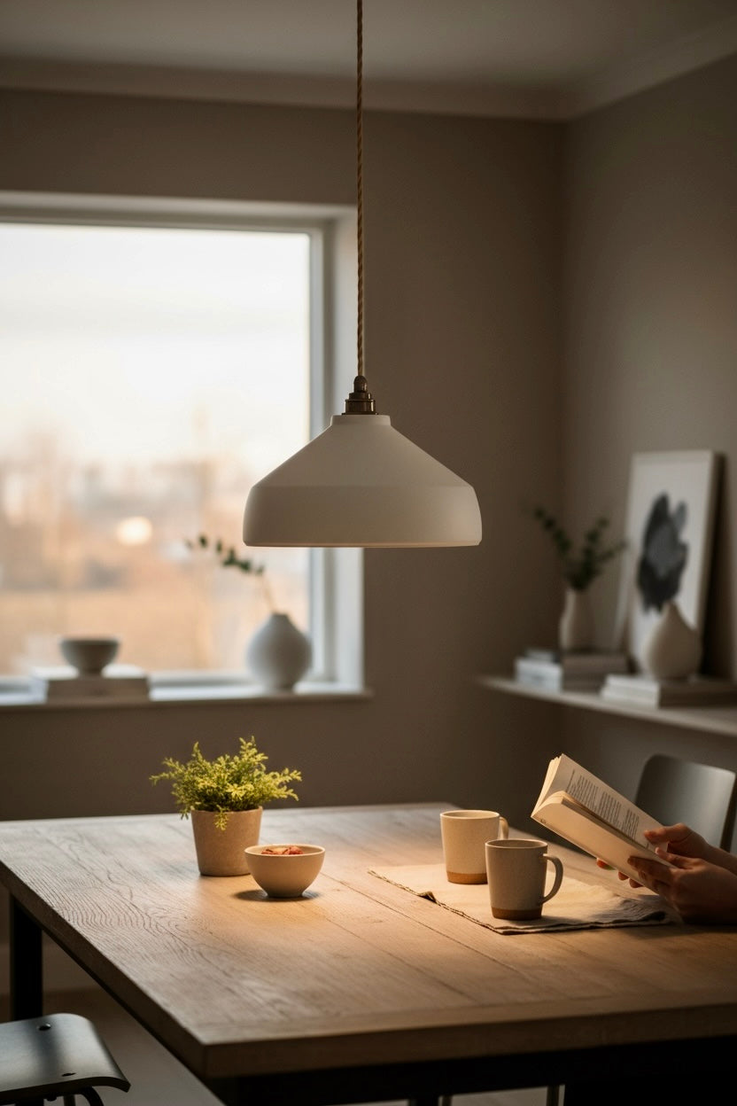 Dining room with a table, chairs, and a hanging lamp.